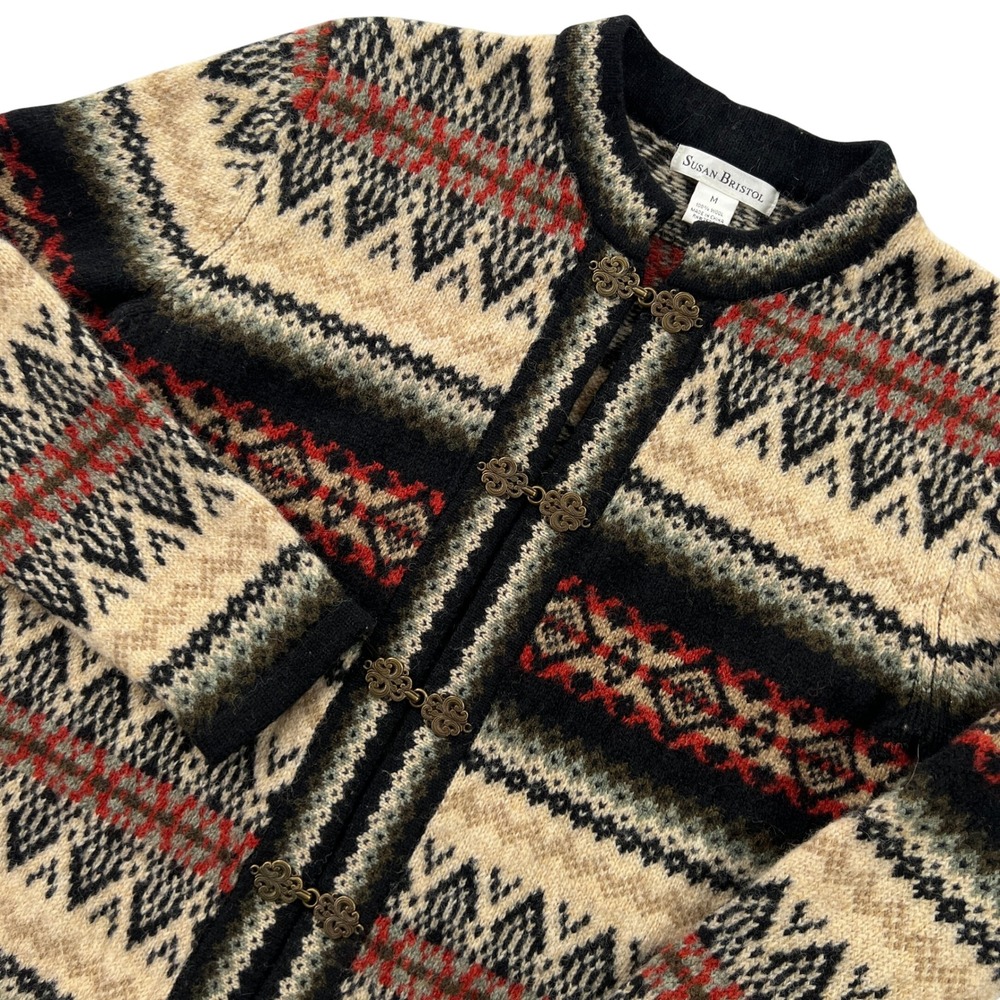 Vintage Susan Bristol Cardigan Sweater Women M Black Fair Isle Wool Nordic Clasp